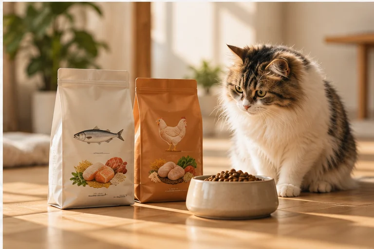 兩包貓糧與一碗飼料放在地板上,一隻貓坐在旁邊