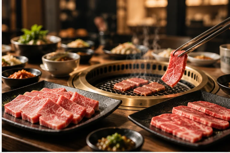 燒肉桌上兩盤不同切法的牛肉,夾子正把肉放到烤網上